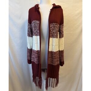 Almost Famous Stripe Fringe Hooded Longline Knit Cardigan Sweater Womens XL Boho